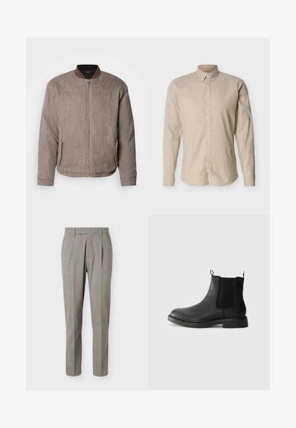 Scotch & Soda REVERSIBLE PADDED JACKET - Blouson Bomber - demitasse/eggnog; Chemise beige à manches longues avec boutons, col à boutons et silhouette ajustée, présentée sur un fond neutre.; Pantalon gris clair sur mesure à jambes droites, passants pour ceinture, plis avant et taille nette sur fond blanc.; Bottines Chelsea en cuir noir avec des panneaux élastiques sur les côtés, des languettes de tirage, un bout arrondi et une semelle en caoutchouc texturée. Surface lisse et design robuste.