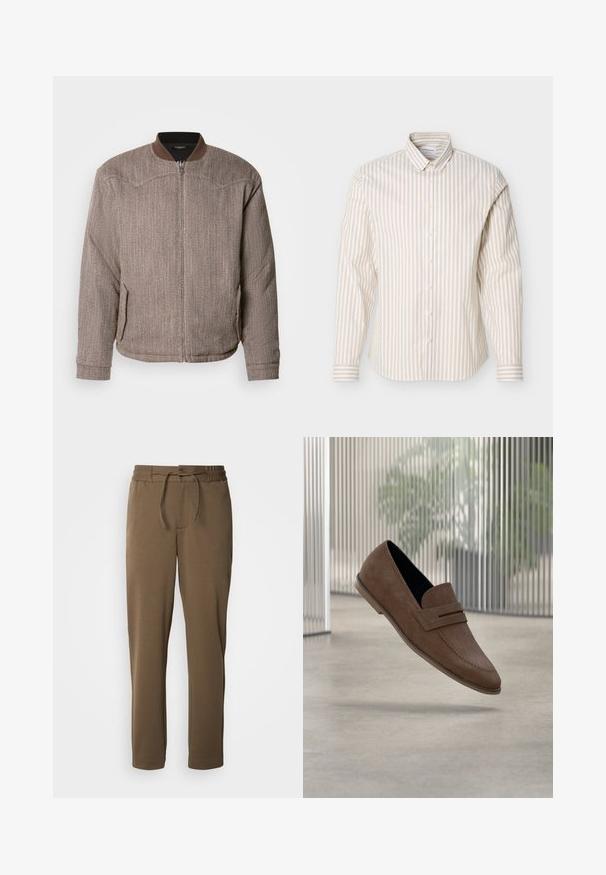 Scotch & Soda REVERSIBLE PADDED JACKET - Blouson Bomber - demitasse/eggnog; Chemise à manches longues beige et blanche à rayures verticales avec col boutonné, présentée sur un fond blanc uni.; Pantalons de survêtement marron, effilés, avec une taille élastique et un cordon de serrage. Texture douce et lisse, avec des poches latérales et un design simple.; Mocassins en daim marron avec une finition lisse, des détails cousus, et un design à bout rond. Semelle surélevée et style sans lacets.