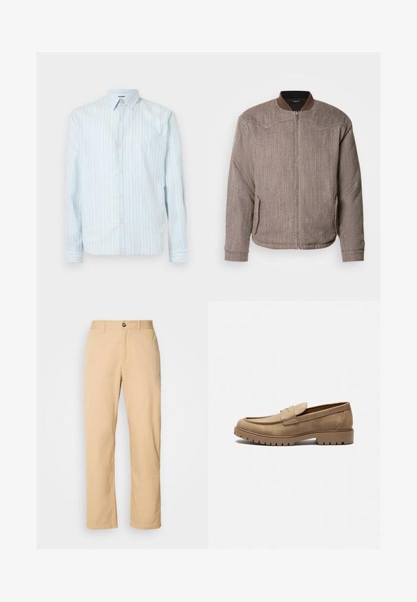 Scotch & Soda REVERSIBLE PADDED JACKET - Chaquetas bomber - demitasse/eggnog; Camisa de botones azul claro con rayas blancas verticales, cuello clásico, mangas largas y dos detalles de botón en las mangas.; Pantalones de algodón khaki con un diseño de pierna recta, que cuentan con un cierre de botón en la parte frontal y lazos para el cinturón. Textura suave y superficie lisa.; Mocasines de gamuza color marrón claro con punta redondeada, suela plana de goma y costuras decorativas en la parte superior. Presentan un diseño sin cordones para poner y quitar fácilmente.