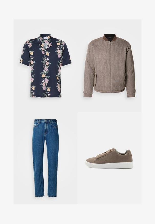 Scotch & Soda REVERSIBLE PADDED JACKET - Bombera - demitasse/eggnog; Košeľa s krátkym rukávom v tmavomodrom látkovom prevedení s kvetinovým vzorom z ružových a žltých kvetov, a klasickým golierom s gombíkmi.; Modré džíny s rovnými nohavicami, piatimi vreckami a predným zapínaním na gombík na bielom pozadí.; Hnedé semišové tenisky s plochými bielymi gumovými podrážkami, dizajn so šnurovaním, zaoblená špička a hladká textúra. Minimalistický štýl s jemnými švovými detailmi.