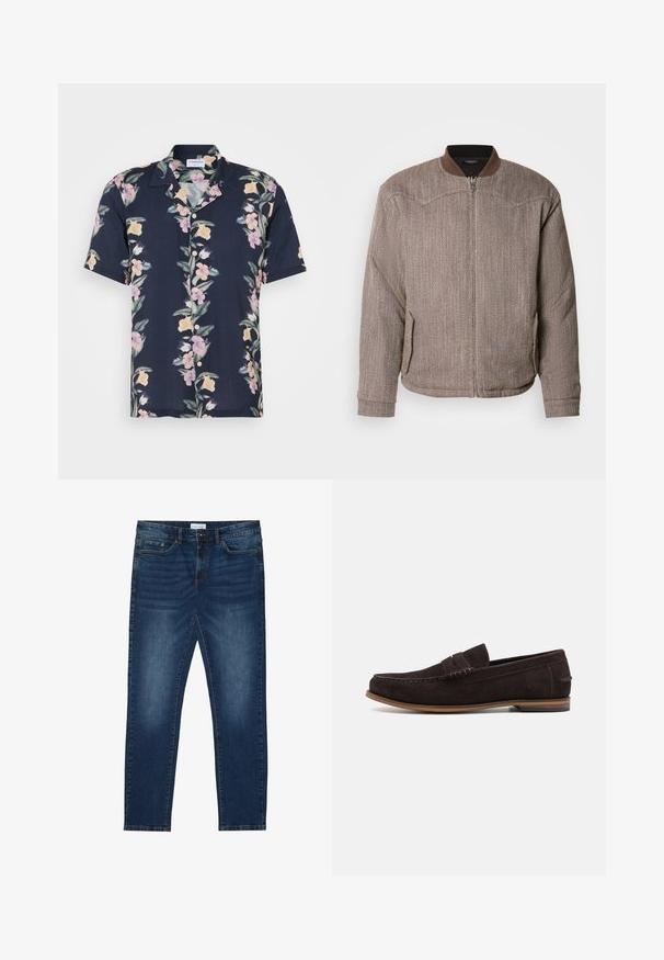Scotch & Soda REVERSIBLE PADDED JACKET - Chaquetas bomber - demitasse/eggnog; Camisa de manga corta en tela azul marino oscuro con un patrón floral de flores rosas y amarillas, y un cuello clásico con botones.; Vaqueros ajustados de color azul oscuro con detalles desgastados, diseño clásico de cinco bolsillos, cierre de botón y presillas para cinturón.; Mocasines de ante marrón oscuro con punta redondeada, parte superior texturizada y suela de goma marrón claro. Presentan una correa decorativa en el empeine.