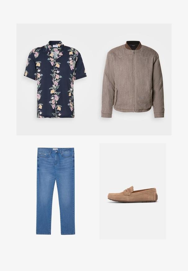 Scotch & Soda REVERSIBLE PADDED JACKET - Bomberjacke - demitasse/eggnog; Kurzarmhemd aus dunkelblauem Stoff mit einem Blumenmuster in Pink und Gelb sowie einem klassischen Kragen mit Knöpfen.; Hellblaue Denim-Jeans mit geradem Bein, Fünf-Taschen-Design, subtilen Verwaschungen und metallischen Akzenten an der Taille und den Taschen.; Hellbrauner Wildleder-Slipper mit Gummisohle, Moc-Toe-Naht und Penny-Riemen über dem Spann, im Profil vor weißem Hintergrund gezeigt.
