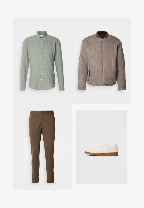 Scotch & Soda REVERSIBLE PADDED JACKET - Bomberjakke - demitasse/eggnog; Lys grøn langærmet skjorte med knaplukning, lavet af tekstureret stof, med krave, fuld knaplukning og rundet kant.; Brune skræddersyede bukser med en glat tekstur, der har en knaplukning og rullede manchetter. Designet med en slim fit og funktionelle lommer.; Hvide sneakers med en ruskind tåspids, glat syntetisk overdel og tan gummisål. Har perforeringer på siderne for åndbarhed.