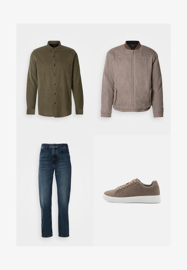 Scotch & Soda REVERSIBLE PADDED JACKET - Blouson Bomber - demitasse/eggnog; Chemise en velours côtelé vert olive avec des manches longues, col boutonné, patte de boutonnage avant et boutons en plastique noirs. Tissu à texture douce.; Jeans droits bleu foncé avec fermeture à bouton et zip à l'avant, design à cinq poches, et subtile décoloration sur les cuisses et les genoux.; Baskets en daim marron avec des semelles en caoutchouc blanc plat, design lacé, bout rond et texture lisse. Style minimaliste avec des détails de couture subtils.
