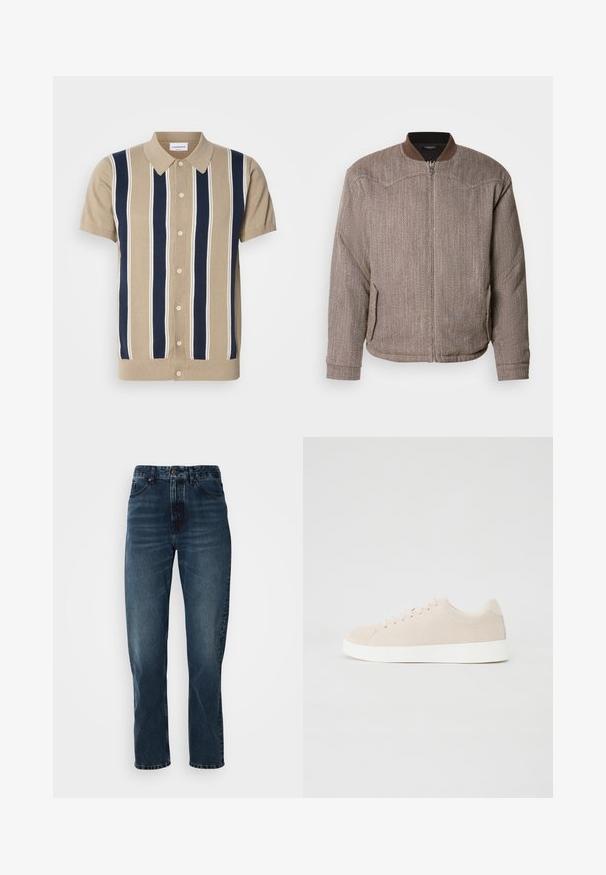 Scotch & Soda REVERSIBLE PADDED JACKET - Μπουφάν τύπου bomber - demitasse/eggnog; Κοντό μανίκι πόλο σε ταμπά χρώμα με ναυτική και λευκή κατακόρυφη ρίγα, μπροστινή κουμπότρυπα και κλασικό γιακά. Μαλακό πλεκτό ύφασμα.; Σκούρο μπλε τζιν παντελόνι σε ίσια γραμμή με κούμπωμα μπροστά και φερμουάρ, πέντε τσέπες και διακριτική φθορά στους μηρούς και τα γόνατα.; Μπεζ σουέτ αθλητικά παπούτσια με λευκές καουτσούκ σόλες, στρογγυλή μύτη και έξι τρύπες για κορδόνια. Λείος υφή με μινιμαλιστικό σχέδιο.