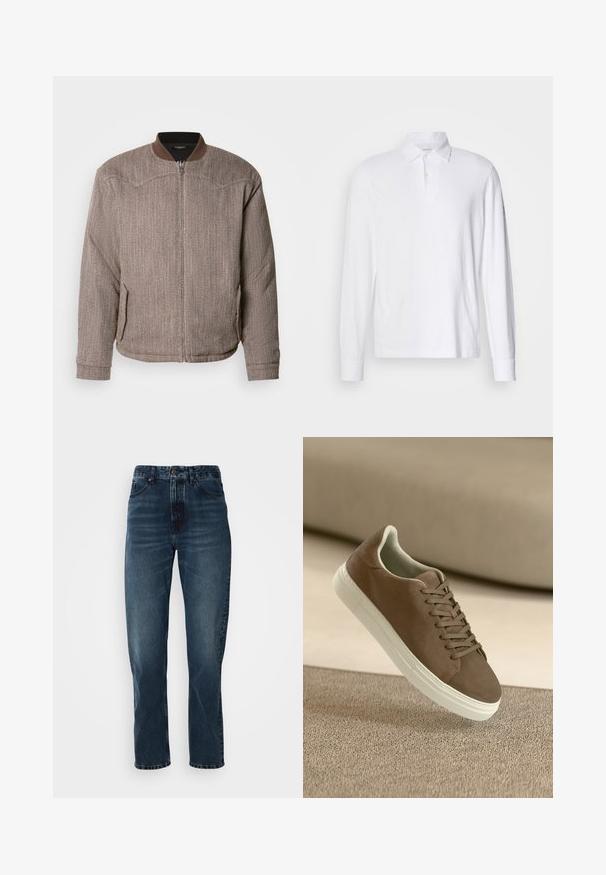 Scotch & Soda REVERSIBLE PADDED JACKET - Bomberjakke - demitasse/eggnog; Hvid langærmet polo shirt med krave og to knapper, vist på en lys grå baggrund.; Mørkeblå lige bukser med frontknap og lynlås, fem-lomme design og subtil fading på lår og knæ.; Brune ruskinds sneakers med en glat tekstur, snørebåndsdesign og hvid gummisål. Har en rund tå og strømlinet form.