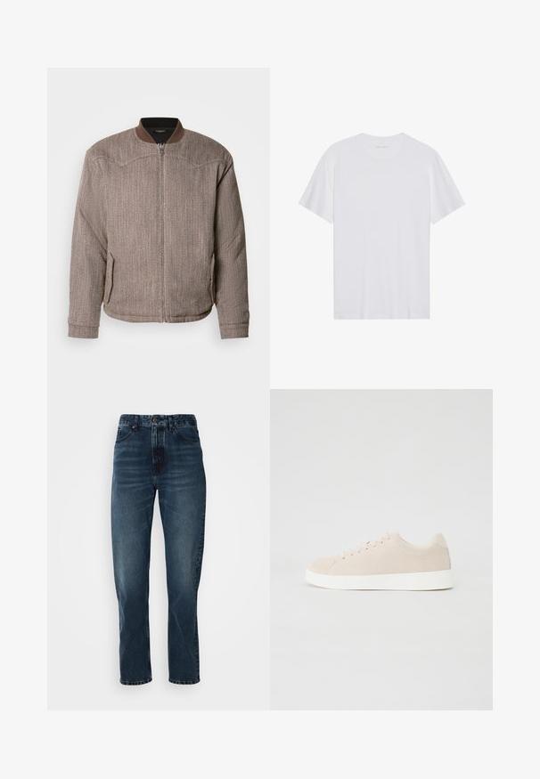 Scotch & Soda REVERSIBLE PADDED JACKET - Bomberjakke - demitasse/eggnog; Hvid bomulds T-shirt med korte ærmer, rund hals og en glat tekstur. Har minimal branding på halsudskæringen.; Mørkeblå lige bukser med frontknap og lynlås, fem-lomme design og subtil fading på lår og knæ.; Beige ruskindsneakers med hvide gummisåler, rund tå og seks snøringshuller. Glat tekstur med minimalisk design.