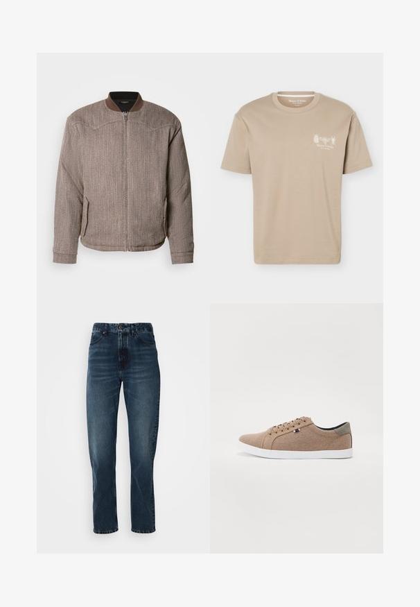 Scotch & Soda REVERSIBLE PADDED JACKET - Bombera - demitasse/eggnog; Béžové tričko s krátkym rukávom a okrúhlym výstrihom s malými grafikami hmyzu a logom "Marc O'Polo" na ľavej strane hrudníka.; Tmavomodré džíny s rovnými nohavicami, predným zapínaním na gombík a zips, dizajnom s piatimi vreckami a jemným vyblednutím na stehnách a kolenách.; Béžové plátenné tenisky s nízkym strihom, bielou gumovou podrážkou a okrúhlymi šnúrkami. Obsahujú kontrastný sivý akcent na päte a detail loga.