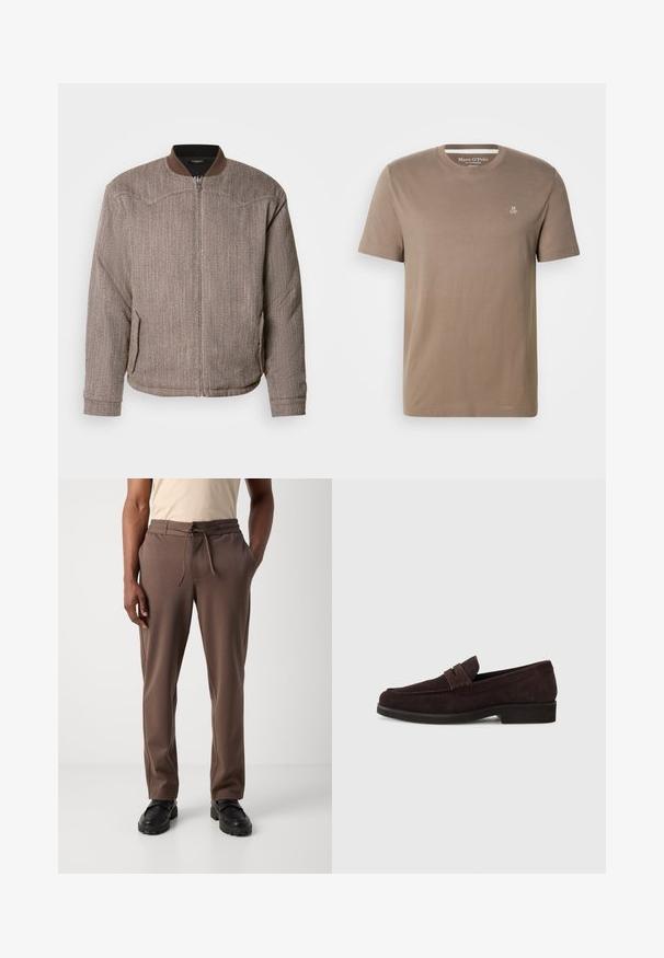Scotch & Soda REVERSIBLE PADDED JACKET - Bomberjakke - demitasse/eggnog; Taupe kortærmet bomuld T-shirt med rund hals og lille hvid "M OP"-logo på øverste venstre bryst fra Marc O'Polo.; Mand iført brune snørebukser og sorte sko, stående mod en ensfarvet hvid baggrund.; Brune ruskinds loafers med lav profil og rund tå. Har en dekorativ rem over det øverste, flad gummisål og ingen synlig syning.