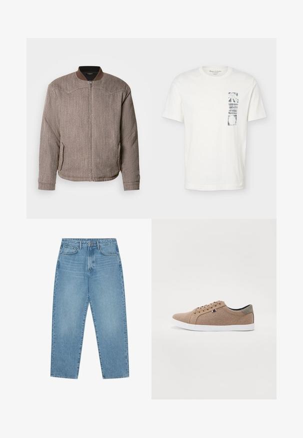Scotch & Soda REVERSIBLE PADDED JACKET - Bomberjacke - demitasse/eggnog; Weißes T-Shirt mit kurzen Ärmeln, Rundhalsausschnitt und schwarzem, abstraktem rechteckigem Motiv auf der linken Brustseite.; Hellblaue Jeans aus Denim mit geradem Bein, Fünf-Taschen-Design und leicht verwaschener Textur. Mit Knopf- und Reißverschluss ausgestattet.; Beige Leinensneaker mit einem Low-Top-Design, weißer Gummisohle und runden Schnürsenkeln. Mit kontrastierenden grauen Akzenten an der Ferse und einem Logo-Detail.