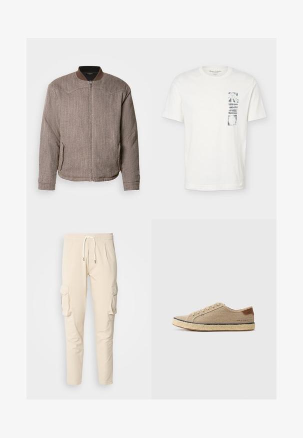 Scotch & Soda REVERSIBLE PADDED JACKET - Bomberjakke - demitasse/eggnog; Hvid T-shirt med korte ærmer, rund hals og sort abstrakt rektangulært motiv på venstre brystområde.; Beige cargo bukser med elastisk talje og snoretræk. Har to sidelommer og tapered ben-design. Glat tekstur.; Beige lærredssneaker med rund tå, jutesål, brun læderdetalje ved hælen og tonet syning langs siden.