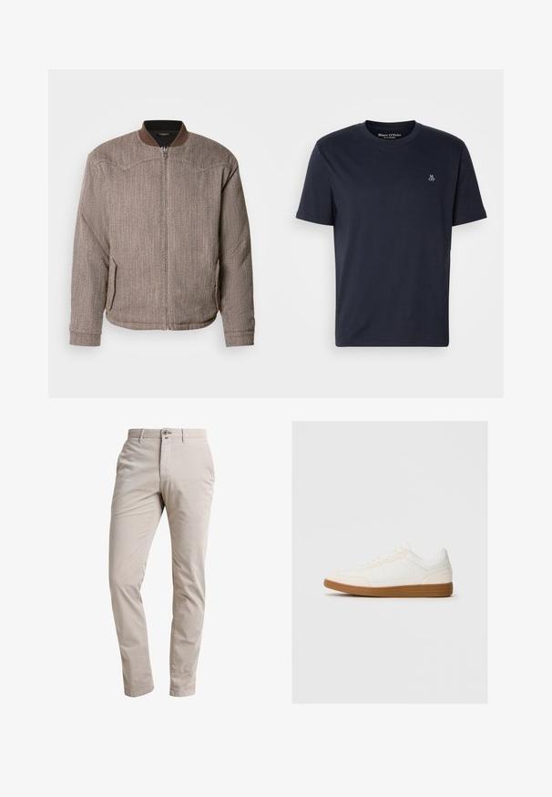 Scotch & Soda REVERSIBLE PADDED JACKET - Blouson Bomber - demitasse/eggnog; T-shirt en coton bleu marine à manches courtes, col rond, avec un petit logo brodé sur la poitrine. Texture lisse, design décontracté.; Pantalons beige clair en tissu mélange de coton. Design à coupe droite avec fermeture à bouton à l'avant et poches latérales. Texture lisse.; Baskets blanches avec un capuchon en daim, un dessus en synthétique lisse et une semelle en caoutchouc marron. Présente des perforations sur les côtés pour une meilleure respirabilité.