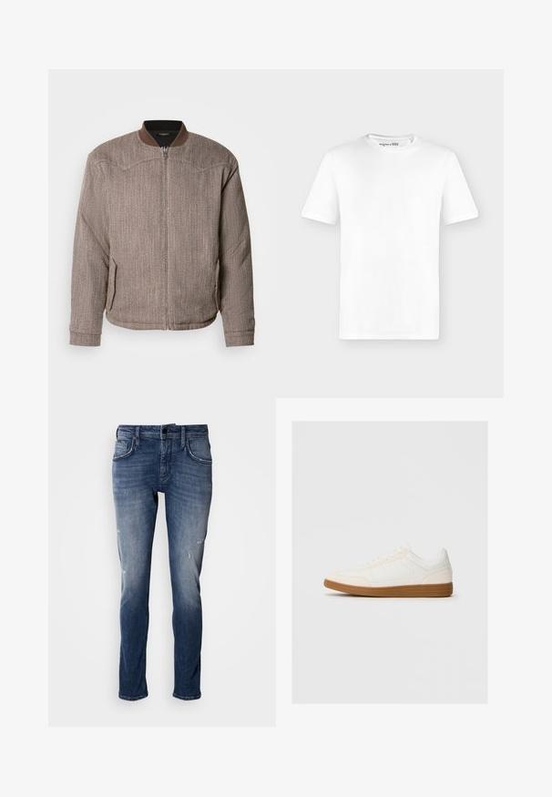 Scotch & Soda REVERSIBLE PADDED JACKET - Bombera - demitasse/eggnog; Jednoduché biele tričko s krátkym rukávom a okrúhlym výstrihom, zobrazené z prednej strany na svetlosivom pozadí bez viditeľných log.; Antony Morato KURT COMFORT - Džínsy tapered fit - blue denim; Biele tenisky so semišovým špičkovým rámom, hladkým syntetickým zvrškom a hnedou gumovou podrážkou. Na bokoch majú perforácie pre lepšiu priedušnosť.
