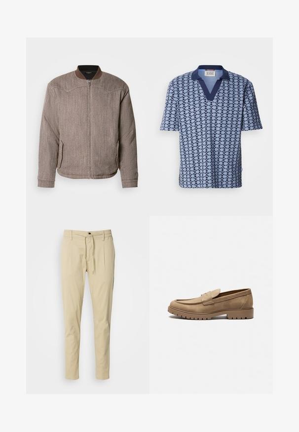 Scotch & Soda REVERSIBLE PADDED JACKET - Chaquetas bomber - demitasse/eggnog; Scotch & Soda PRINTED RELAXED FIT - Polo - faded denim; Pantalones beige de corte ajustado, hechos de una mezcla de algodón. Cintura elástica con cordón, dos pliegues frontales y patas rectas.; Mocasines de gamuza color marrón claro con punta redondeada, suela plana de goma y costuras decorativas en la parte superior. Presentan un diseño sin cordones para poner y quitar fácilmente.