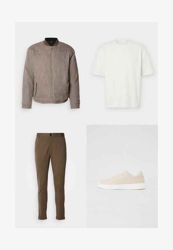 Scotch & Soda REVERSIBLE PADDED JACKET - Bombera - demitasse/eggnog; Biele štruktúrované tričko s krátkym rukávom a okrúhlym výstrihom, s pravidelným strihom a malou značkovou štítkom vo vnútri goliera.; Hnedé nohavice s presným strihom a hladkou textúrou, s gombíkovým zapínaním a vyhrnutými manžetami. Navrhnuté so štíhlym strihom a funkčnými vreckami.; Béžové semišové tenisky s bielymi gumovými podrážkami, okrúhlou špičkou a šiestimi očkami na šnúrky. Hladká textúra s minimalistickým dizajnom.