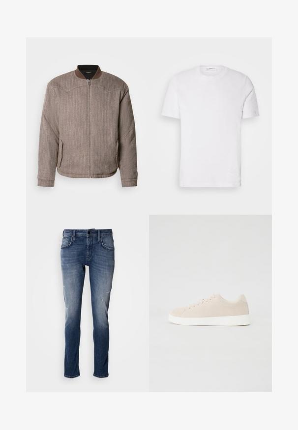 Scotch & Soda REVERSIBLE PADDED JACKET - Bombera - demitasse/eggnog; Biela bavlnená tričko s okrúhlym výstrihom a krátkym rukávom. Obsahuje jemné logo značky na prednej strane, hladkú textúru a klasický strih.; Antony Morato KURT COMFORT - Džínsy tapered fit - blue denim; Béžové semišové tenisky s bielymi gumovými podrážkami, okrúhlou špičkou a šiestimi očkami na šnúrky. Hladká textúra s minimalistickým dizajnom.