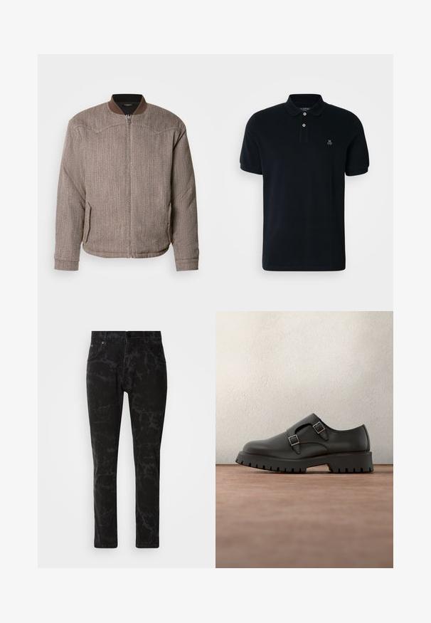 Scotch & Soda REVERSIBLE PADDED JACKET - Bomberjakke - demitasse/eggnog; Marineblå polo t-shirt lavet af blødt bomuld med korte ærmer, en tre-knaps stolpe og et lille broderet logo på brystet.; Sorte denim jeans med et marmor mønster, lige ben design, fem-lomme stil og en knaplukning i taljen.; Sort lædersko med dobbelte spænderemme, rundet tå og tekstureret, tyk gummisål. Minimalistisk design med kontrasterende blåt indre.