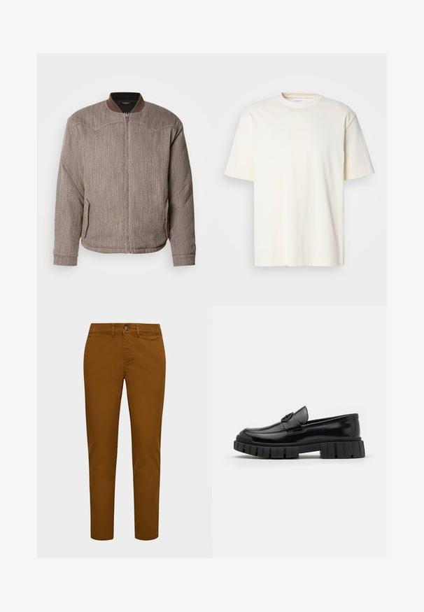 Scotch & Soda REVERSIBLE PADDED JACKET - Bomberjakke - demitasse/eggnog; Lys off-white kortærmet T-shirt med rund hals, unisex design, præsenteret på en neutral grå baggrund.; Brune bomulds chinos med slim fit, med en frontknaplukning og bæltestropper. Glat tekstur og tapered ben.; Sorte læderloafers med tykke, rillet gummisåler. Har en rund tå og en dekorativ rem med et logoaccent. Glat overflade.