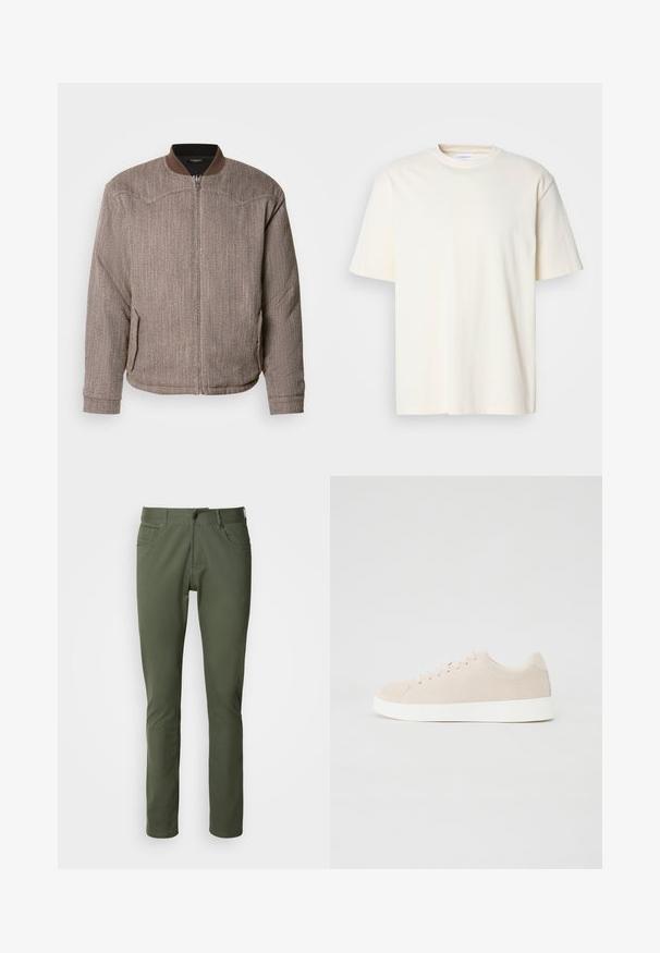 Scotch & Soda REVERSIBLE PADDED JACKET - Bomberjakke - demitasse/eggnog; Lys off-white kortærmet T-shirt med rund hals, unisex design, præsenteret på en neutral grå baggrund.; Olivenfarvede bukser lavet af bomuldsblanding, med klassisk lige pasform, fem lommer og metalknaplukning. Glat tekstur.; Beige ruskindsneakers med hvide gummisåler, rund tå og seks snøringshuller. Glat tekstur med minimalisk design.