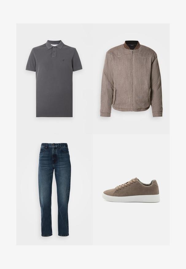 Scotch & Soda REVERSIBLE PADDED JACKET - Blouson Bomber - demitasse/eggnog; Polo gris foncé à manches courtes avec patte de boutonnage à deux boutons et logo brodé discret sur la poitrine gauche, sur fond blanc.; Jeans droits bleu foncé avec fermeture à bouton et zip à l'avant, design à cinq poches, et subtile décoloration sur les cuisses et les genoux.; Baskets en daim marron avec des semelles en caoutchouc blanc plat, design lacé, bout rond et texture lisse. Style minimaliste avec des détails de couture subtils.