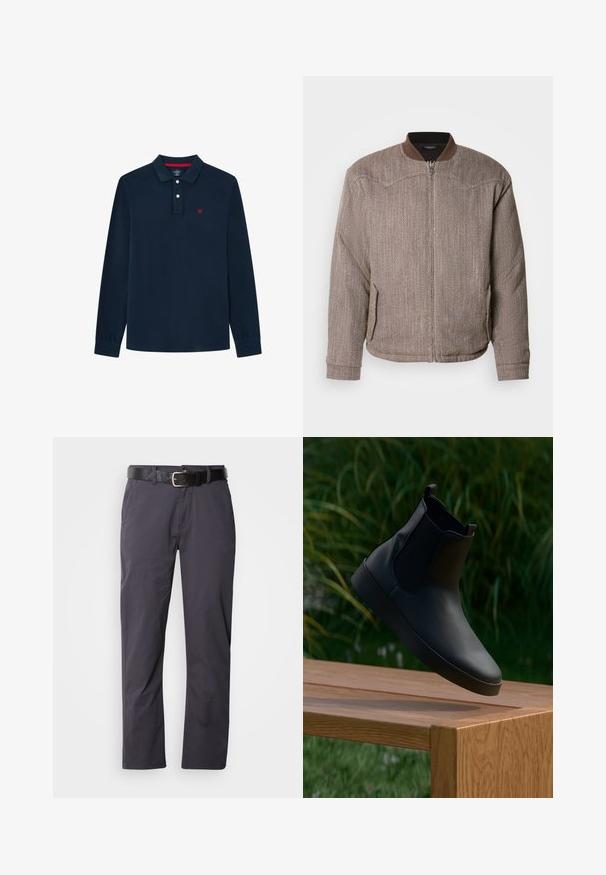 Scotch & Soda REVERSIBLE PADDED JACKET - Bomber-jakk - demitasse/eggnog; Tumed pikkade varrukatega polo särk, mis on valmistatud pehmest puuvillast. Omab kaelust, kolme nupuga rinda ja punast logo, mis on tikitud rinna külge.; Mustadest puuvillast sirged püksid, kus on kaks eesmist taskut ja vöö. Kanga tekstuur on sile ja mati viimistlusega.; Mustad musta nahast pahkluu saabaste paar, millel on elastsed külgpaneelid, sile tekstuur, ümarad varbad ja lamedad tallad, asetatud puidust laua peale rohelise taustaga.