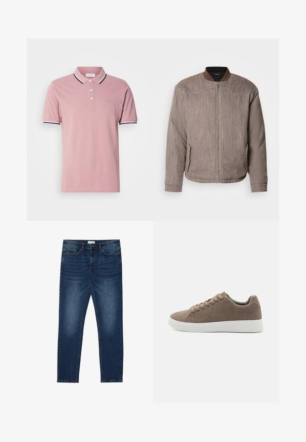 Scotch & Soda REVERSIBLE PADDED JACKET - Chaquetas bomber - demitasse/eggnog; Camisa polo rosa con una tapeta de dos botones, cuello acanalado con rayas en marino y blanco, y un sutil logo bordado en el pecho.; Vaqueros ajustados de color azul oscuro con detalles desgastados, diseño clásico de cinco bolsillos, cierre de botón y presillas para cinturón.; Zapatillas de ante marrón con suelas de goma blanca planas, diseño de cordones, punta redondeada y una textura suave. Estilo minimalista con sutiles detalles de costura.