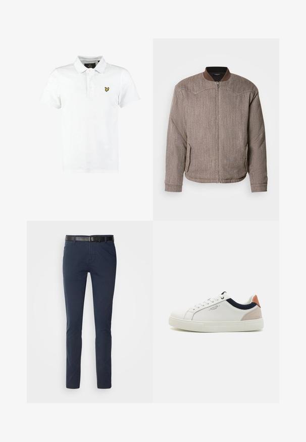 Scotch & Soda REVERSIBLE PADDED JACKET - Μπουφάν τύπου bomber - demitasse/eggnog; Λευκό πόλο μπλουζάκι από βαμβάκι, με τρεις κουμπάκια μπροστά, κοντό μανίκι και μικρό κίτρινο λογότυπο στο αριστερό στήθος.; Σκούρο μπλε βαμβακερά παντελόνια σε λεπτή γραμμή, με υφή μαύρης δερμάτινης ζώνης και κλασικές τσέπες. Καθαρός σχεδιασμός, χωρίς σχέδια.; Λευκά δερμάτινα αθλητικά παπούτσια με χαμηλό σχέδιο, ναυτικό μπλε ύφασμα στη φάσα και ροζ σουέτ ταμπάκι στη φτέρνα. Ραφινάτη σόλα από καουτσούκ.
