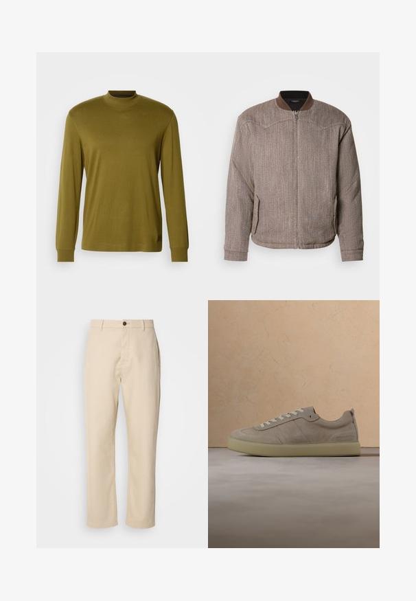 Scotch & Soda REVERSIBLE PADDED JACKET - Bomberjacke - demitasse/eggnog; Olivengrünes Langarm-Turtleneck-Shirt aus weicher Stoff, mit taillierter Passform und geripptem Kragen sowie Ärmeln.; Beige Baumwollhosen mit geraden Beinen, einem Knopfverschluss vorne, Seitentaschen und einer glatten Textur. Minimalistisches Design, ohne sichtbare Muster.; Beiger Wildledersneaker mit weißen Schnürsenkeln, der über einem strukturierten beigen Teppich, einem runden Holztisch und Büchern in einem neutral eingerichteten Wohnzimmer schwebt.
