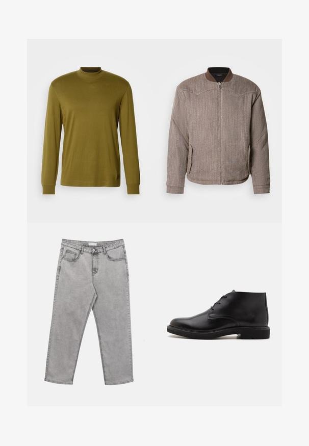 Scotch & Soda REVERSIBLE PADDED JACKET - Bombera - demitasse/eggnog; Olivovo zelený dlhý rukáv polo tričko s rolákom vyrobené z mäkkej látky, s priliehavým strihom a rebrovaným golierom a manžetami.; Svetlošedé riflové nohavice s predným zapínaním na gombíky a zipsom, pútkami na opasok a piatimi vreckami, rozložené na bielom pozadí.; Čierna kožená členková obuv s tromi šnurovacími očkami, zaokrúhlenou špičkou a plochou podrážkou na jednoduchom svetlom pozadí.