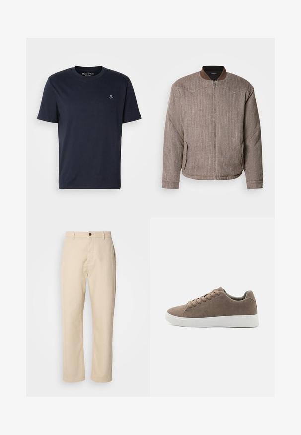 Scotch & Soda REVERSIBLE PADDED JACKET - Bomber-jakk - demitasse/eggnog; Tumesinine puuvillane T-särk lühikeste varrukatega, ümmarguse kaelusega ja rinnal väikese tikandiga logoga. Sile tekstuur, igapäevane disain.; Beezid puuvillased püksid sirgete jalgadega, ees nööpidega kinnitamisega, küljetaskutega ja sileda tekstuuriga. Minimalistlik disain, ilma nähtavate mustriteta.; Pruunid sametist tossud lame valge kummist tallaga, nöörimise disainiga, ümar nina ja siledat tekstuuri. Minimalistlik stiil koos diskreetsete õmblusdetailidega.