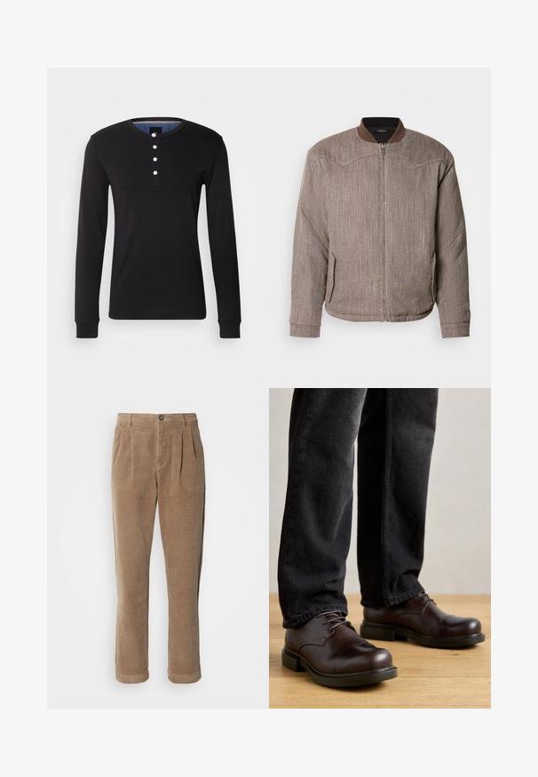Scotch & Soda REVERSIBLE PADDED JACKET - Bomberjakke - demitasse/eggnog; Sort langærmet skjorte lavet af blødt stof, med rund halsudskæring, knaplukning med hvide knapper og tætsiddende manchetter.; Brune fløjlsbukser med høj talje, der har frontfolder, knaplukning og lige ben. Den strukturerede stof er synlig.; Brune lædersko med rund tå, snørelukning og kraftig sort gummisål, parret med mørke denim bukser.