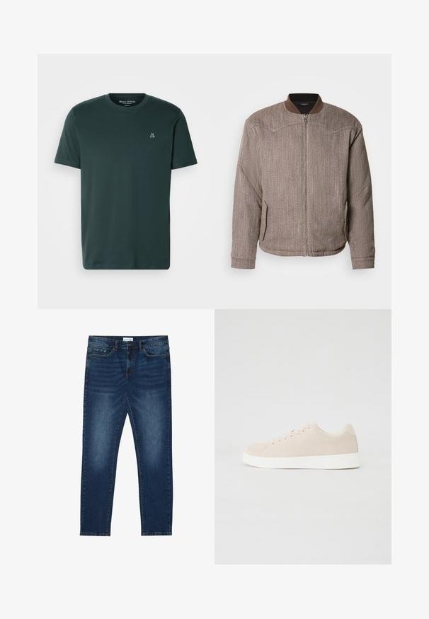 Scotch & Soda REVERSIBLE PADDED JACKET - Bomberjacke - demitasse/eggnog; Dunkelgrünes T-Shirt aus weichem Stoff, mit Rundhalsausschnitt und kurzen Ärmeln. Besticktes Logo auf der linken Brust.; Dunkelblaue Slim-Fit-Jeans mit ausgewaschenen Details, klassischem Fünf-Taschen-Design, Knopfverschluss und Gürtelschlaufen.; Beige Wildlederschuhe mit weißen Gummisohlen, runder Zehenform und sechs Ösen für die Schnürsenkel. Glatte Textur mit minimalistischem Design.