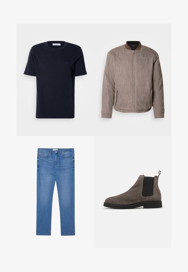 Scotch & Soda REVERSIBLE PADDED JACKET - Bomberjacke - demitasse/eggnog; Navyblaue Baumwoll-T-Shirt mit kurzen Ärmeln, rundem Ausschnitt und kleinem Logodetail auf der Brust. Glatte Textur, klassischer Schnitt.; Hellblaue Denim-Jeans mit geradem Bein, Fünf-Taschen-Design, subtilen Verwaschungen und metallischen Akzenten an der Taille und den Taschen.; Graue Wildleder Chelsea-Stiefel mit elastischen Seitenpaneelen, runder Zehenpartie und Zuglasche. Flache schwarze Gummisohle. Einfaches und elegantes Design.