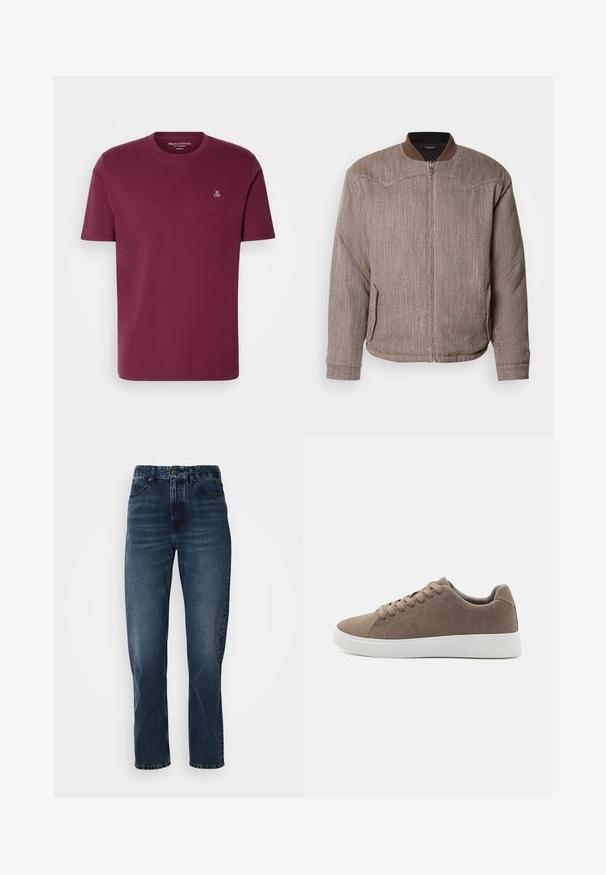 Scotch & Soda REVERSIBLE PADDED JACKET - Bomberjakke - demitasse/eggnog; Bordeaux bomulds t-shirt med rund hals, korte ærmer og et lille hvidt "M OP" logo på brystet. Glat tekstur og almindelig pasform.; Mørkeblå lige bukser med frontknap og lynlås, fem-lomme design og subtil fading på lår og knæ.; Brune ruskinds sneakers med flade hvide gummisåler, snørelukning, rund tå og en glat overflade. Minimalistisk stil med diskrete syninger.