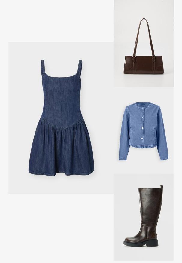 Lyseblå denimjakke med rund halsudskæring, lange ærmer, fem trykknapper og sidelommer. Glat tekstur med et afslappet design.; Ærmeløs mørkeblå denimkjole med firkantet halsudskæring og rynket nederdel, knælængde, vist på ensfarvet baggrund.; Mørkebrun læder knæhøj støvle med rund tå, chunky sort sål, lav blokhæl og trækflig bagpå.; Brun lakeret håndtaske med rektangulær form, to lange håndtag og subtile buede detaljer på fronten.
