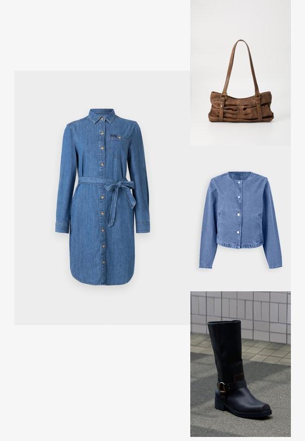 Lichtblauwe spijkerjack met een ronde halslijn, lange mouwen, vijf drukknoopjes en zijzakken. Gladde textuur met een casual ontwerp.; Denim shirtjurk met lange mouwen, knopen aan de voorkant, borstzak en een strikceintuur in medium blauwe wassing.; Zwarte leren laars tot halverwege de kuit met een lage hak en een decoratief riempje met metalen gesp, staand op een grijs bestraatte ondergrond nabij een betegelde muur.; Even&Odd Handtas - brown