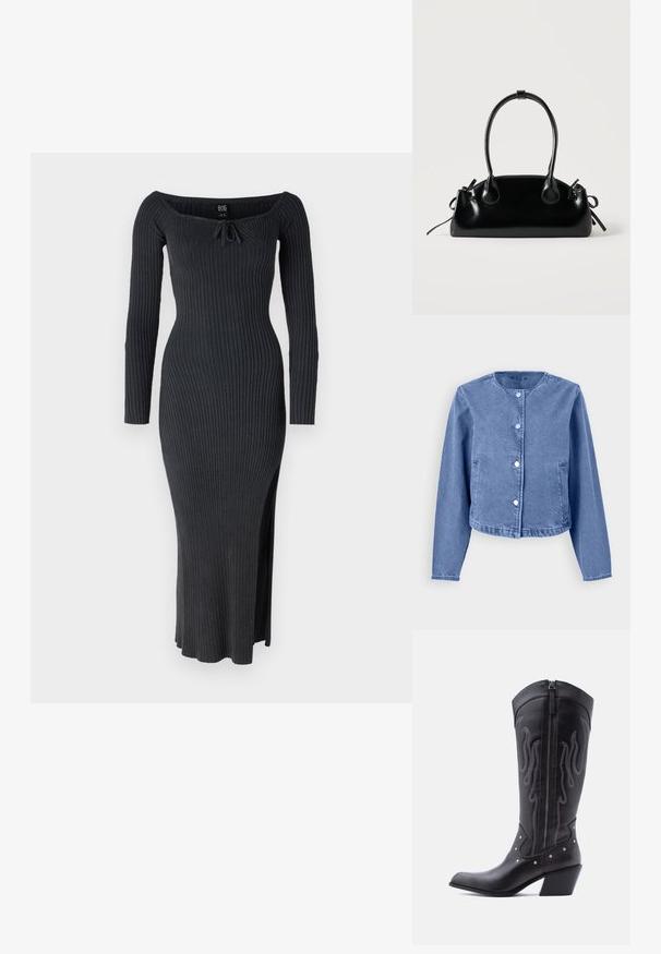 Hellblaues Denim-Jackett mit rundem Ausschnitt, langen Ärmeln, fünf Druckknöpfen und seitlichen Taschen. Glatte Textur mit einem lässigen Design.; Gestreiftes, langärmeliges Kleid in Dunkelgrau mit schulterfreiem Ausschnitt und seitlichem Schlitz. Material ist weich und dehnbar.; Schwarze Cowboy-Stiefel aus Leder mit spitzer Zehenpartie, sichtbarer Nahtführung, silbernen Nietenakzenten und Reißverschluss auf der Innenseite.; Kleine schwarze glänzende Handtasche mit zwei langen Griffen und seitlichen Kordelzug-Details vor einfachem hellem Hintergrund.