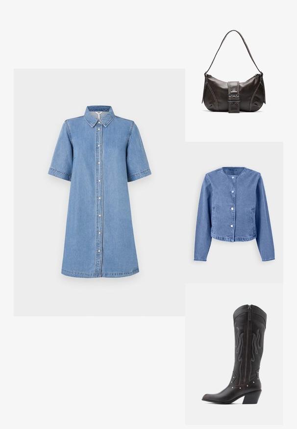 Lyseblå denimjakke med rund halsudskæring, lange ærmer, fem trykknapper og sidelommer. Glat tekstur med et afslappet design.; Denim skjortekjole, lyseblå, kortærmet, krave, knaplukning foran, knælang, syning detaljer på ærmerne, afslappet pasform.; Brune læder cowboystøvler med flammebroderi, sidelukning med lynlås, sølvnitter, spids snude og lagdelt hæl.; Brun læder skuldertaske med en buet form, der har et fremtrædende spænde, kontrasterende syninger og en enkelt skulderrem.