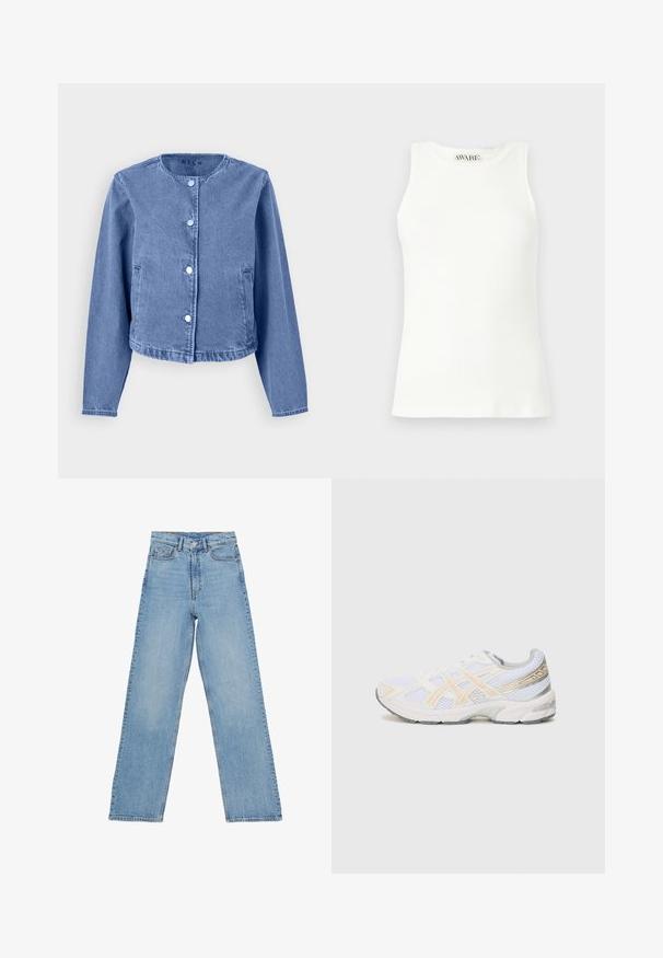 Hellblaues Denim-Jackett mit rundem Ausschnitt, langen Ärmeln, fünf Druckknöpfen und seitlichen Taschen. Glatte Textur mit einem lässigen Design.; Ärmelloses weißes geripptes Tanktop mit rundem Ausschnitt und körpernahem Schnitt. Glatte Textur und dezentes Markenlabel am Kragen.; Hellblaue Jeans aus Denim mit hoher Taille, gerader Beinform, fünf Taschen und einem Knopfverschluss. Keine sichtbaren Muster.; Weißer Sportschuh aus Netzmaterial, mit hellorange und grauen Akzenten, einer strukturierten Sohle und einem gepolsterten Kragen für Komfort.