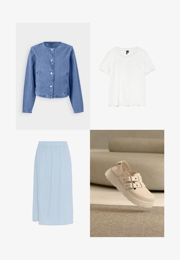 Veste en denim bleu clair avec un col rond, des manches longues, cinq boutons-pression et des poches latérales. Texture lisse et design décontracté.; T-shirt blanc à manches courtes avec un col rond, fabriqué en tissu léger. Design simple, texture lisse et ourlet droit.; Jupe bleu clair, longueur genou, en tissu texturé avec des plis, dotée d'une taille élastique et d'une fente sur le côté pour faciliter les mouvements.; Sandale beige à semelle épaisse avec deux brides à boucle et une bride arrière, présentée sur un sol neutre recouvert de moquette devant un canapé beige.