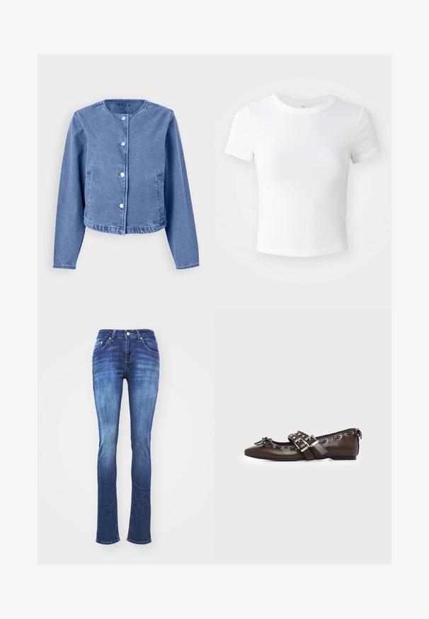 Lyseblå denimjakke med rund halsudskæring, lange ærmer, fem trykknapper og sidelommer. Glat tekstur med et afslappet design.; Simpel hvid kortærmet cropped t-shirt med rund halsudskæring, præsenteret på en neutral lys baggrund.; Mørkeblå denimjeans med et falmet design, lige ben, fem lommer og lynlås. Syede detaljer langs sømmene og lommerne.; Mørkebrune lædersko med flad sål og spids snude, dobbelt sølvsnørrebånd, metaløjer og dekorativ sløjfe foran.