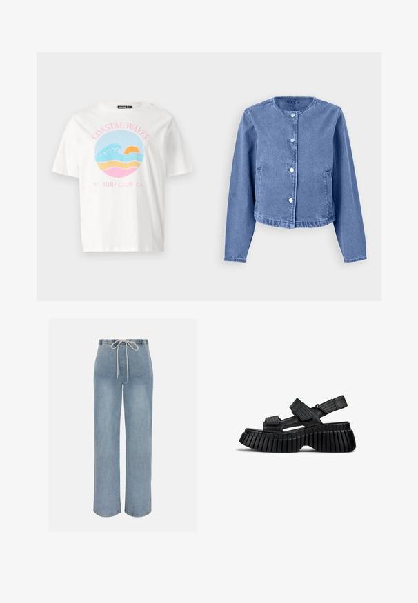 Hellblaues Denim-Jackett mit rundem Ausschnitt, langen Ärmeln, fünf Druckknöpfen und seitlichen Taschen. Glatte Textur mit einem lässigen Design.; Weißes T-Shirt mit kurzenÄrmeln, das ein grafisches Design mit Wellen, einem Sonnenuntergang und dem Text „COASTAL WAVES 97 SURF CLUB CA“ in Pink und Blau zeigt.; Hellblaue, weit geschnittene Jeanshosen mit elastischem Bund und weißem Kordelzug vorne.; Schwarze Plattformsandalen mit einer klobigen, gerippten Sohle, Ausschnitten und verstellbaren Riemen mit strukturierten Akzenten für einen sicheren Sitz.