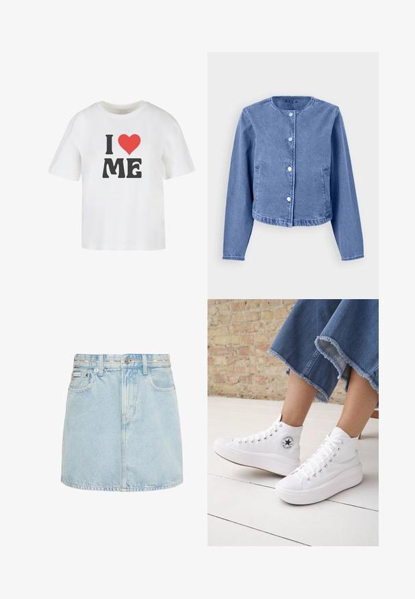 Lyseblå denimjakke med rund halsudskæring, lange ærmer, fem trykknapper og sidelommer. Glat tekstur med et afslappet design.; Hvid bomulds t-shirt med korte ærmer, med fed sort tekst "I," et rødt hjerte, og "ME" i en uformel skrifttype.; Lyseblå denim mininederdel med forlommer, bæltestropper og Calvin Klein-logo på linningen og den lille forlom.; Person iført hvide høje Converse-sneakers med tykke såler og beskårne blå jeans med flossede kanter mod en murstensvæg og hvidt gulv.