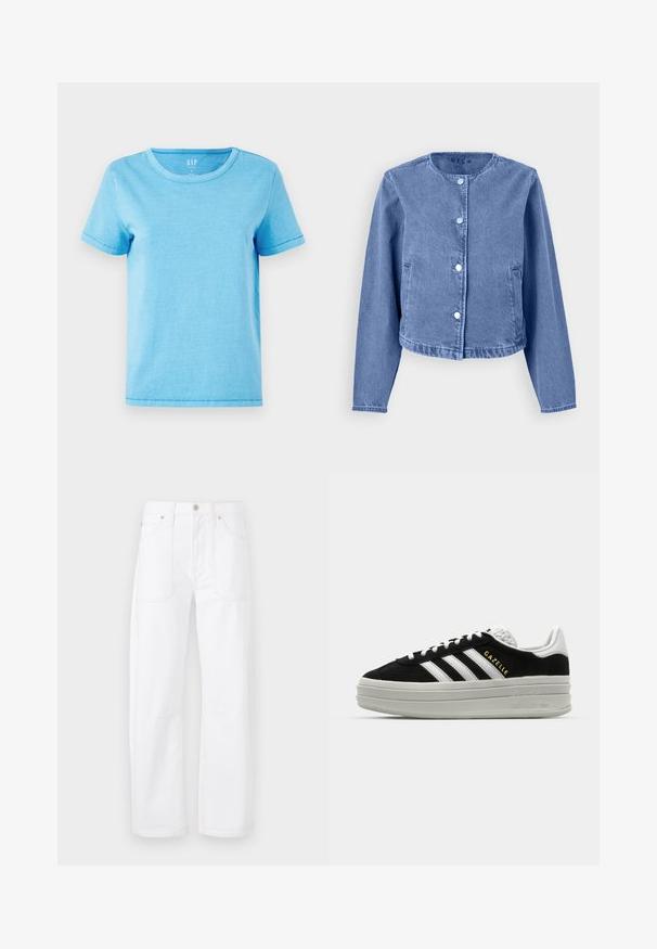 Chaqueta de mezclilla azul claro con cuello redondo, mangas largas, cinco botones a presión y bolsillos laterales. Textura suave con un diseño informal.; Camiseta de algodón de color azul claro con cuello redondo, mangas cortas y detalles de costura visibles en los dobladillos. Diseño simple y sin adornos.; Pantalones de mezclilla blanca con diseño de pierna recta, costuras naranjas en contraste, cinco bolsillos y cierre de botón y cremallera.; Zapatillas negras de ante con detalles en cuero blanco, tres rayas blancas, cordones planos y una gruesa suela de plataforma gris. Marca "Gazelle" en dorado.