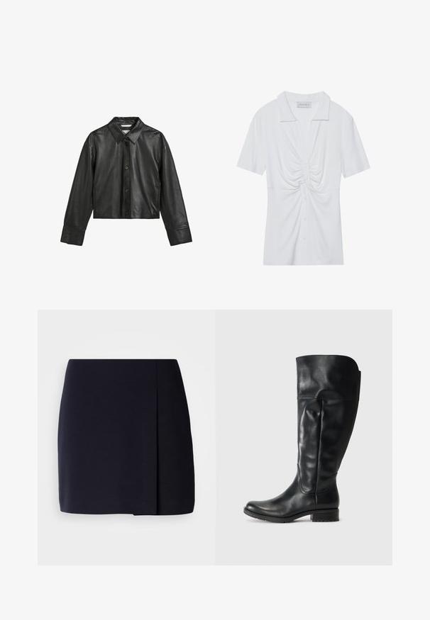 Zwarte leren cropped jack met een spitse kraag, voorknopsluiting en lange mouwen. Gladde textuur en minimalistisch ontwerp.; Witte blouse met korte mouwen en kraag, met een gedraaid knooppuntdetail aan de voorkant en een knoopsluiting. Glad ribbeltextuur.; Een zwarte minirok met een rechte pasvorm, gemaakt van zacht stof, voorzien van een zijplooitje voor extra detail en een nette zoom.; Zwarte leren kniehoge laarzen met een slank ontwerp, een ronde neus en een bescheiden blokhak; gladde textuur met minimale stikseldetails.
