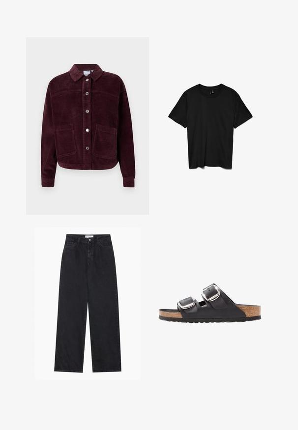Bordeaux corduroy jack met een kraag, sluiting met voorknoop en twee grote opgestikte zakken. Heeft een textuurstof en een cropped pasvorm.; Zwart T-shirt met korte mouwen en ronde hals, effen ontwerp, plat gelegd op een witte achtergrond.; Zwarte high-waisted spijkerbroek met wijde pijpen, frontknopen en ritssluiting, ceintuurlussen en een vijf-pocket stijl.; Zwarte sandaal met twee verstelbare banden, zilveren gespen en een kurken voetbed op een gestructureerde zwarte rubberen zool.