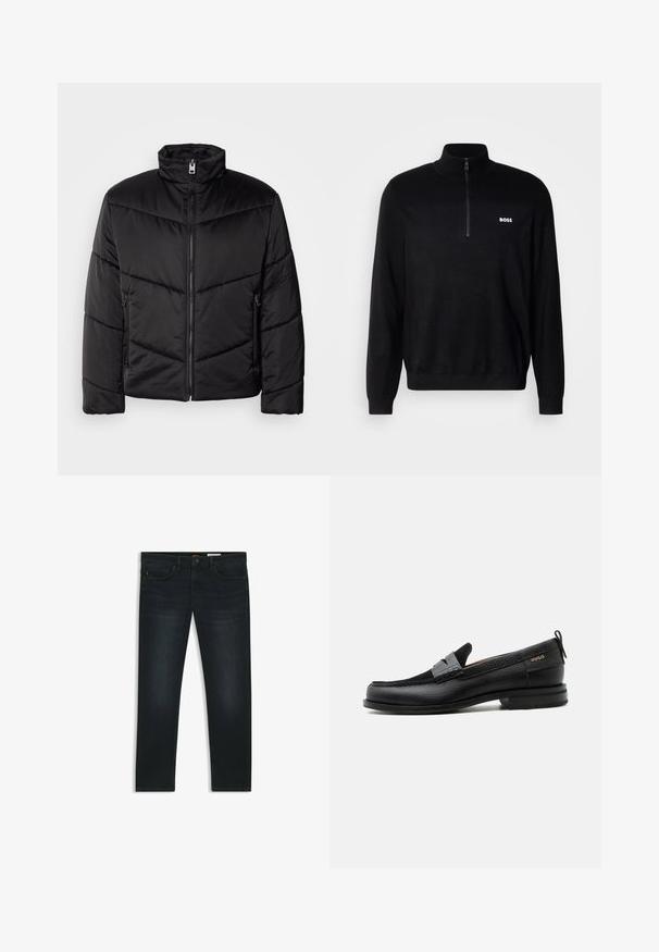 Sort pufferjakke med høj krave, lynlås lukning, diagonale quiltede mønstre og sidelommer med lynlåsdetaljer.; Sort pullover sweater med halv-zip krave, der har ribbet tekstur på skuldrene og et lille hvidt "BOSS" logo på brystet.; Mørke denim jeans med lige pasform, subtilt slid, fem lommer og orange syninger som accent på taljen.; Sort læderloafer med grå remdetalje, lav hæl og tekstureret sål, mærket med "HUGO" i guld på siden.