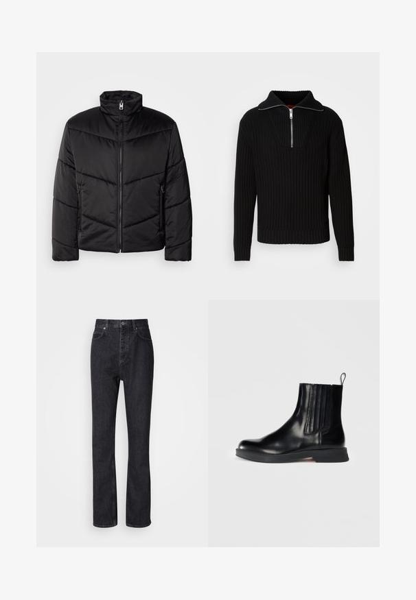 Schwarze Pufferjacke mit hohem Kragen, Reißverschluss, diagonalen Steppmustern und seitlichen Taschen mit Reißverschlüssen.; Schwarzer gerippter Pullover mit hohem Kragen und kurzem Reißverschluss. Verfügt über einen strukturierten Stoff und enganliegende Bündchen, die eine konturierte Silhouette bieten.; Hochtaillierte schwarze Jeans aus Denim mit Knopf- und Reißverschluss, Vorder- und Hintertaschen sowie einer geraden Passform.; Schwarze Lederstiefelette mit elastischen Seiteneinsätzen, runder Zehenpartie, niedrigem Blockabsatz und Zuglasche. Verfügt über eine glänzende Textur und ein elegantes Design.