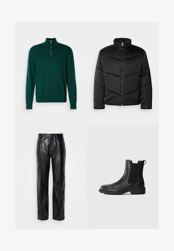 Sort pufferjakke med høj krave, lynlås lukning, diagonale quiltede mønstre og sidelommer med lynlåsdetaljer.; Mørkegrøn zip-up sweater med høj krave, lange ærmer og ribbede manchetter. Fremstillet af et glat, let strikket stof. Subtilt logo detalje.; Sorte læderbukser med lige ben design. Funktioner inkluderer knaplukning og forlommer, der fremhæver en glat tekstur og minimal syning.; Sort læder ankelstøvle med elastiske sidepaneler, træksnor ved hælen og lav bloksål mod en ensfarvet baggrund.
