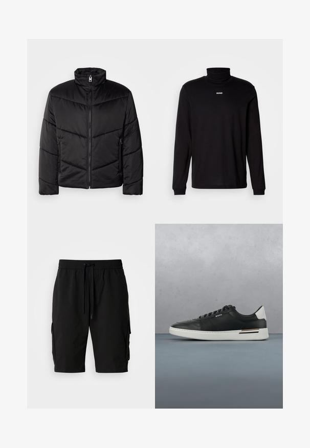 Sort pufferjakke med høj krave, lynlås lukning, diagonale quiltede mønstre og sidelommer med lynlåsdetaljer.; Sort langærmet turtleneck skjorte lavet af glat stof, med et hvidt "HUGO" logo på brystet, samt tætsiddende manchetter og kant.; Sorte cargo shorts lavet af letvægtsstof, med elastisk talje, snor og sidelommer til ekstra opbevaring.; Sort lædersneaker med hvid sål, har perforeringer, snørebåndsdesign, logo på siden og kontrasterende hældetalje i hvid og brun.